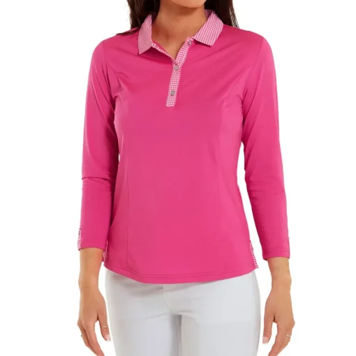 FootJoy Ladies Houndstooth Trim 3/4 Sleeve Lisle Golf Polo Shirt